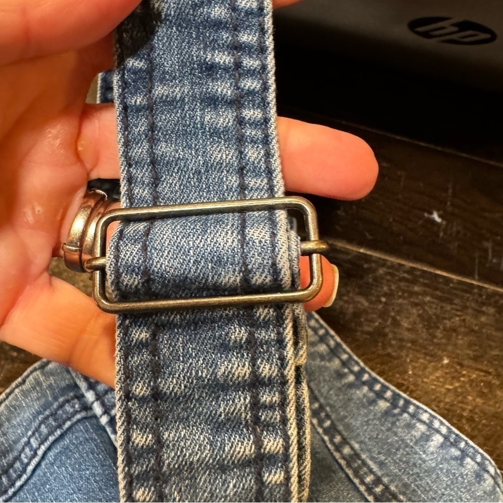 Harper blue jean denim distressed overalls, button up, pockets, straight leg, M. - Picture 11 of 14